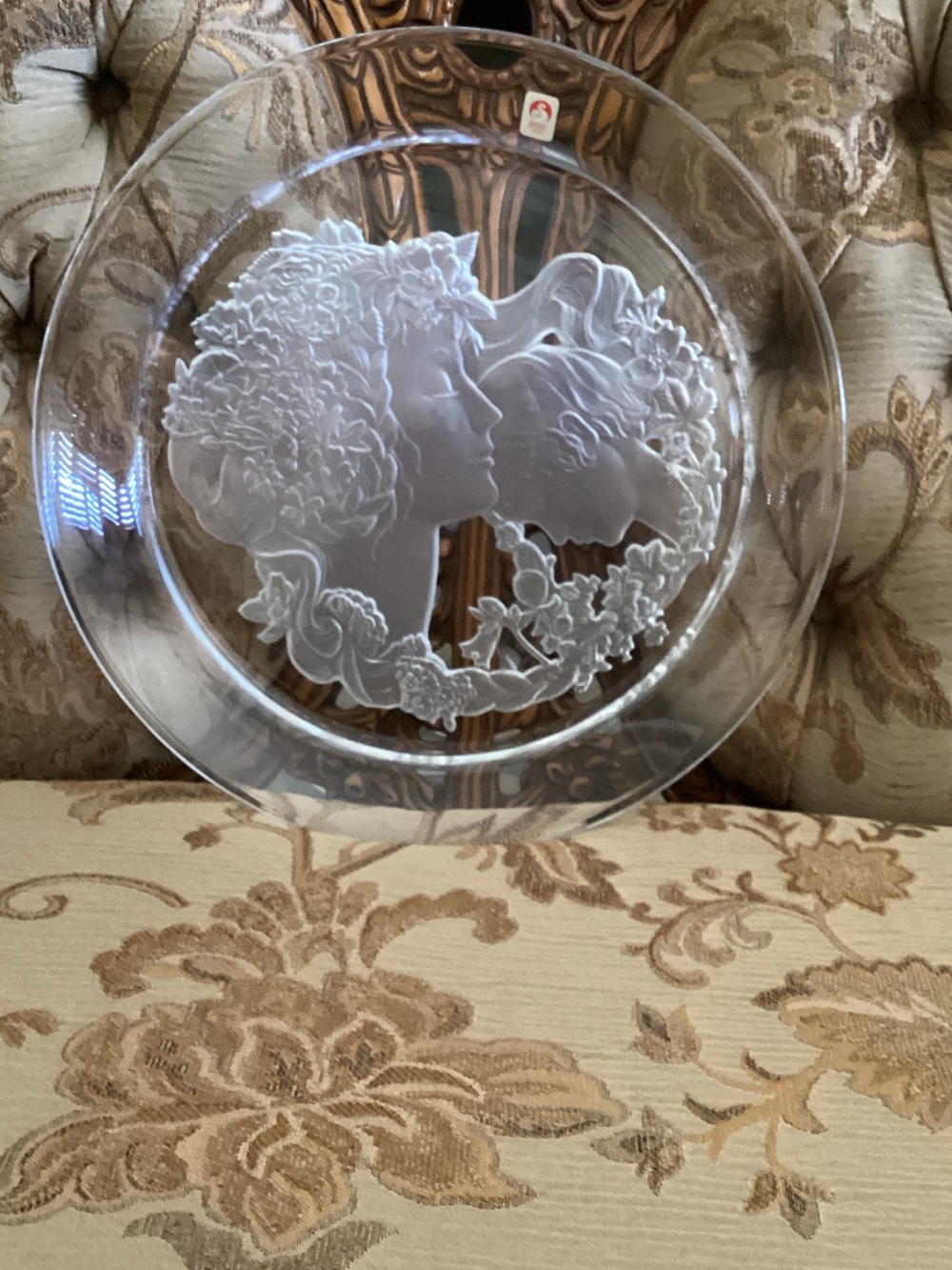 Clear Glass Decorative Plate with Etched Floral Portrait - Unbranded